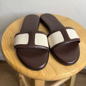 NEW J. Crew Italian Leather Georgina Brown and Cream Women's Slide Sandals